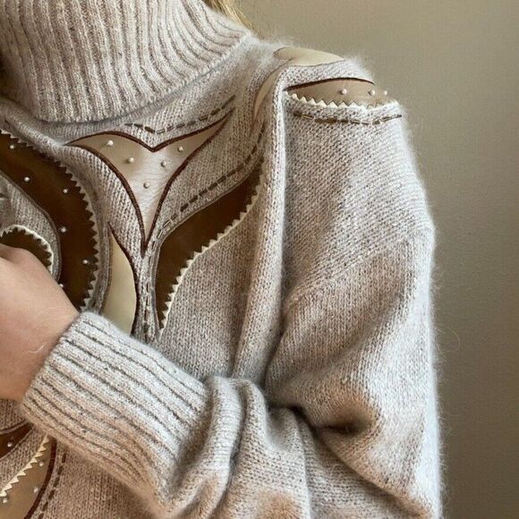 Vintage 80s Womens IB Diffusion Angora Silk Blend Geometric Beige Sweater Sz 2X - Picture 9 of 11